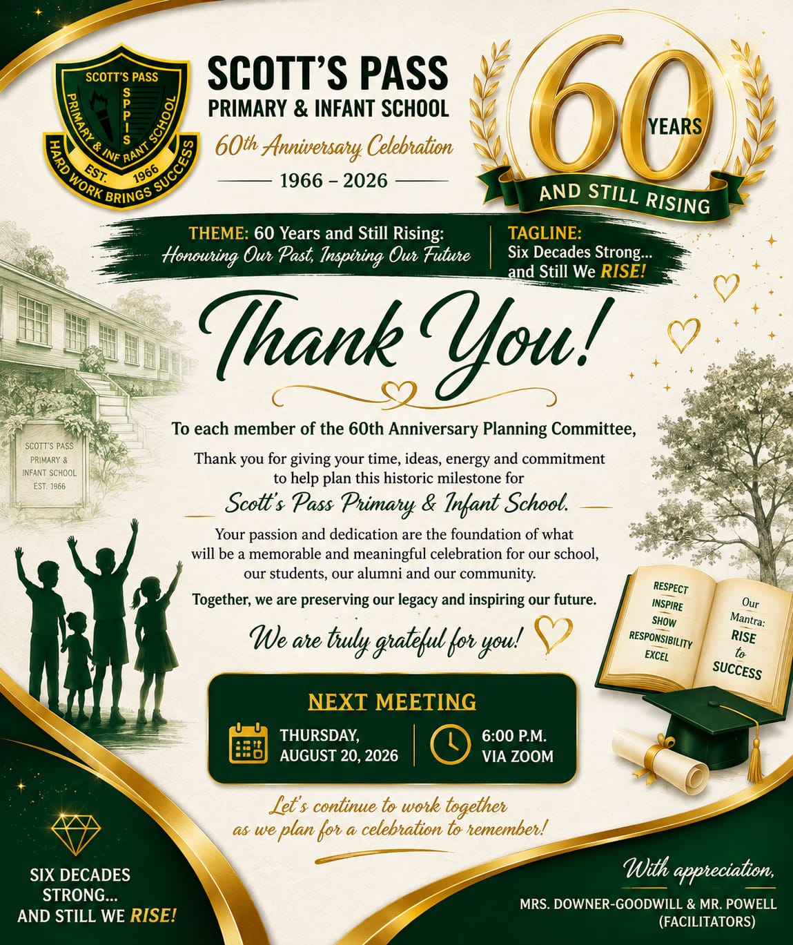 SPPIS 60th anniversary thank-you notice and invitation to the 20 August planning meeting