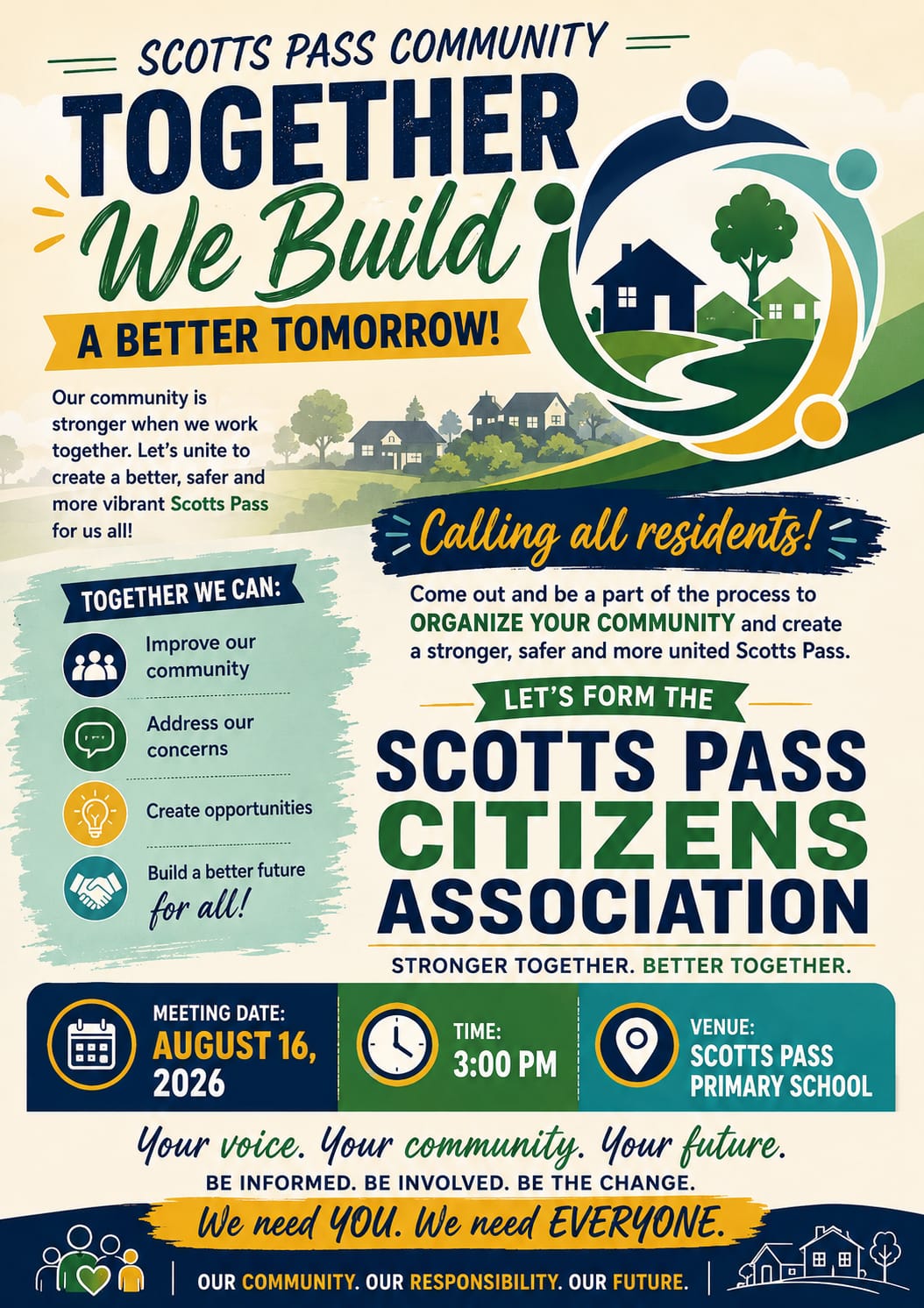 Scotts Pass Citizens Association community meeting flyer for 16 August 2026
