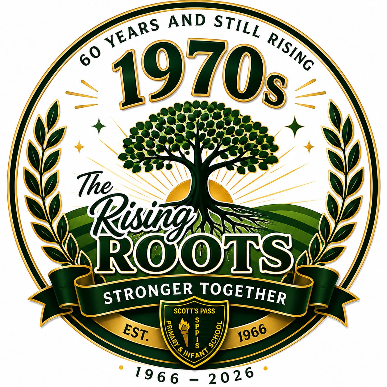 1970s anniversary emblem: The Rising Roots—Stronger Together