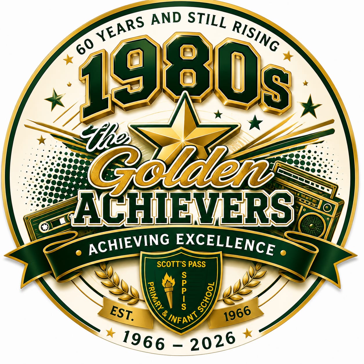 1980s anniversary emblem: The Golden Achievers—Achieving Excellence