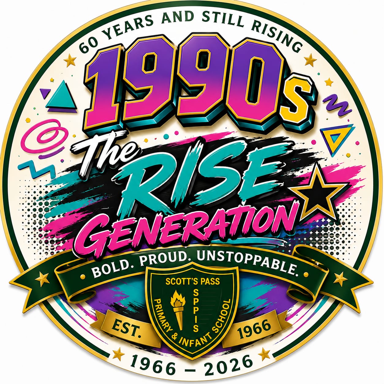 1990s anniversary emblem: The Rise Generation—Bold, Proud, Unstoppable