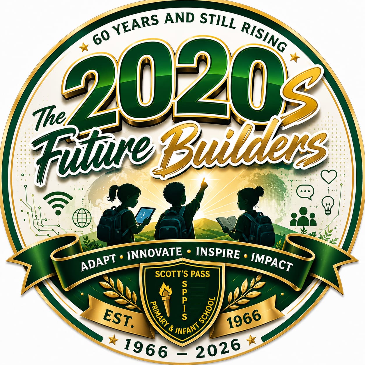 2020s anniversary emblem: The Future Builders—Adapt, Innovate, Inspire, Impact